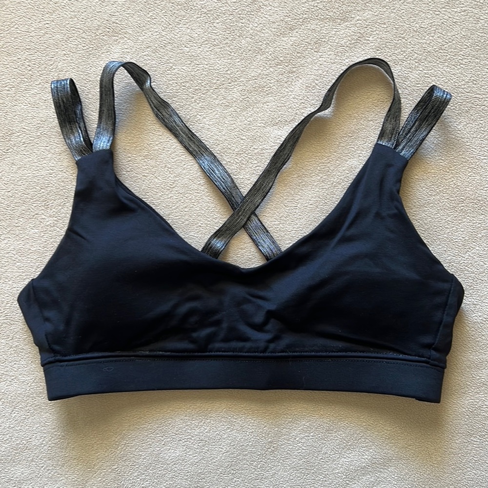 Black sports bra with grey straps